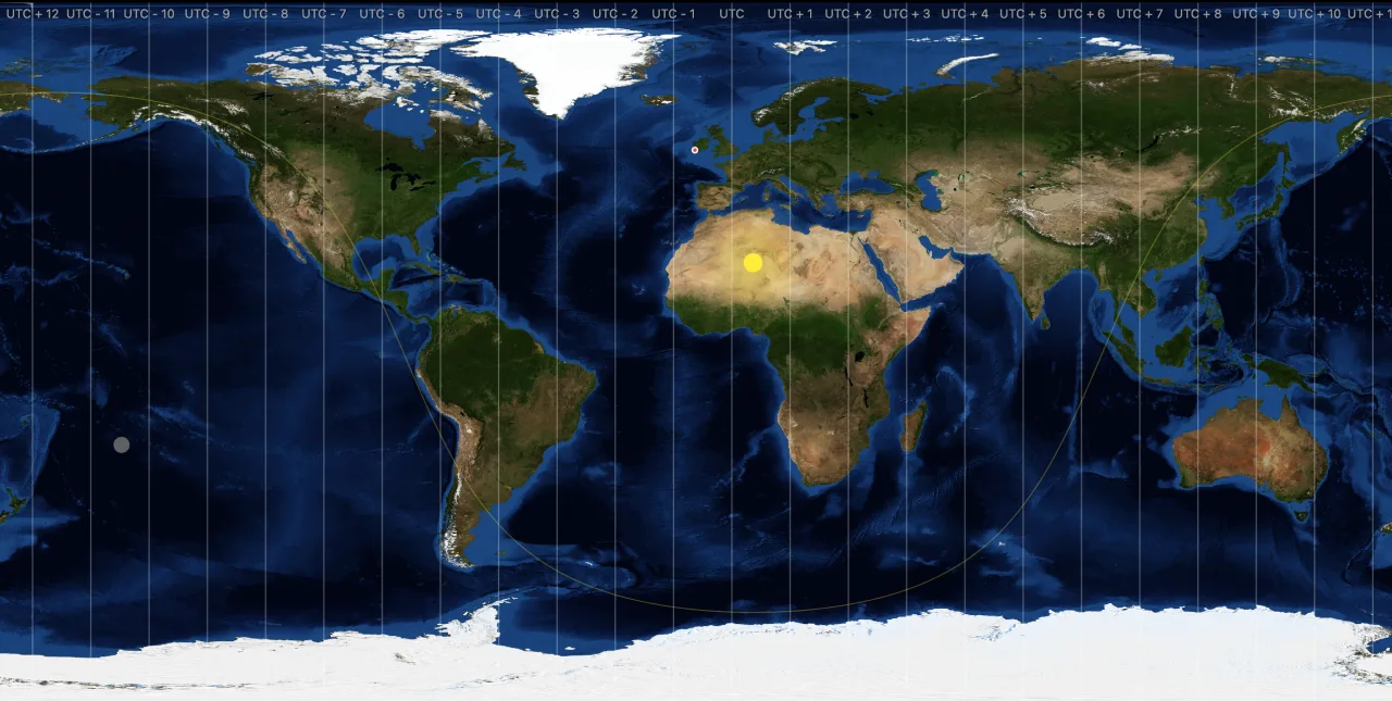 Flat Mercator map with seasonal July textures and the day-night line