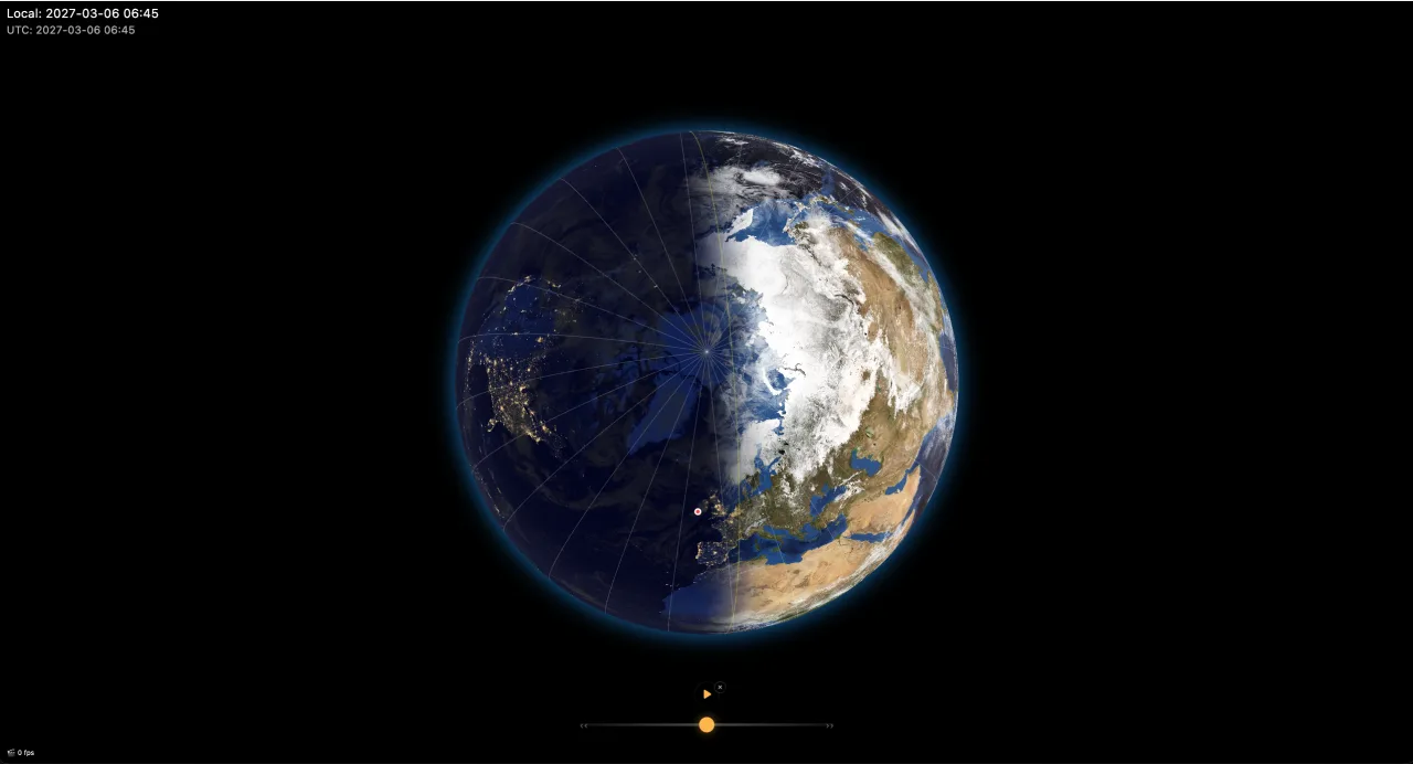 Globe showing the Simulation Player with play/pause bubble and shuttle track
