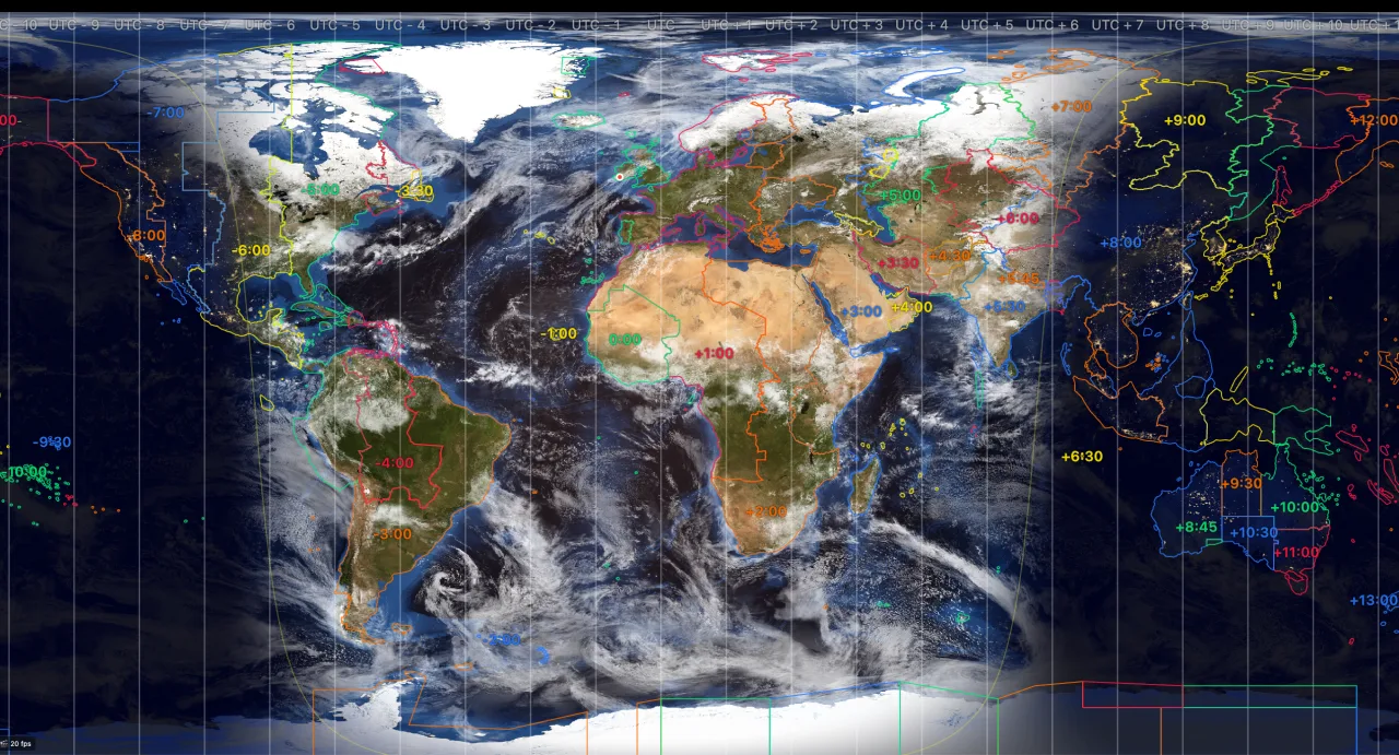 Flat map with political timezone boundaries overlaid